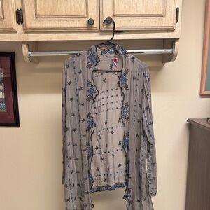Johnny Was Gray Sheer Topper Jacket with Blue and Embroidery